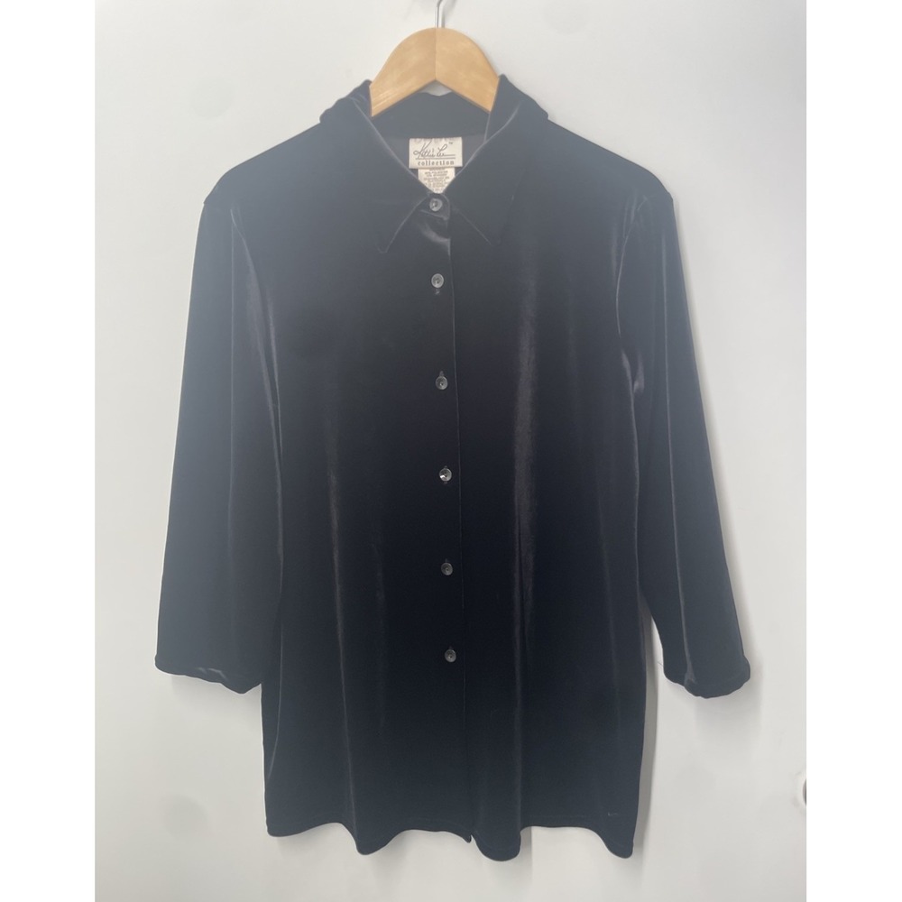 Kathie Lee Collection Black Velvet Button Down Long Sleeve Top Womens Size Large